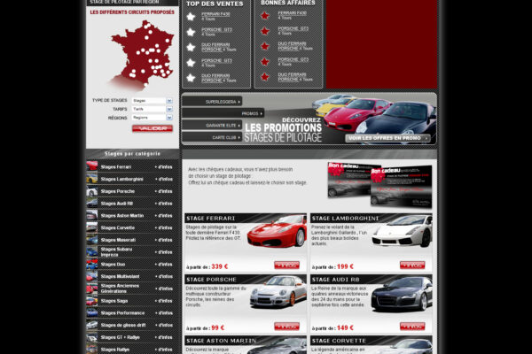 Elite-Auto stages de pilotage : asp/MySQL intégration et graphisme, catalogues en ligne. Flash et newsletters.