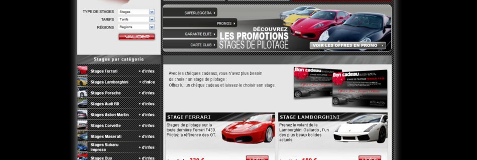 Elite-Auto stages de pilotage : asp/MySQL intégration et graphisme, catalogues en ligne. Flash et newsletters.